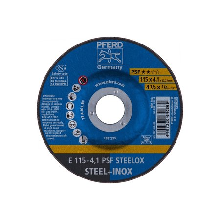 PFERD 4-1/2" x 1/8 Grinding Wheel, 7/8" A.H. - PSF STEELOX - Type 27 63410